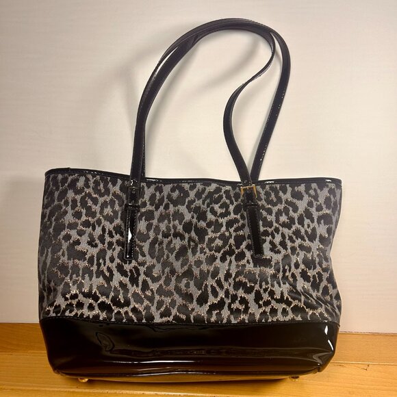 Nine West Glitter Mob Tote Purse Bag Leopard Print w/ Black Patent Trim New! - Picture 3 of 9